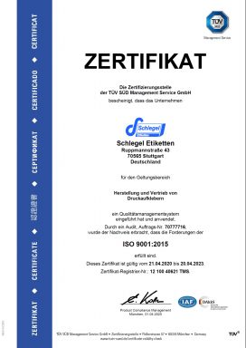 TÜV ISO9001 Schlegel Etiketten